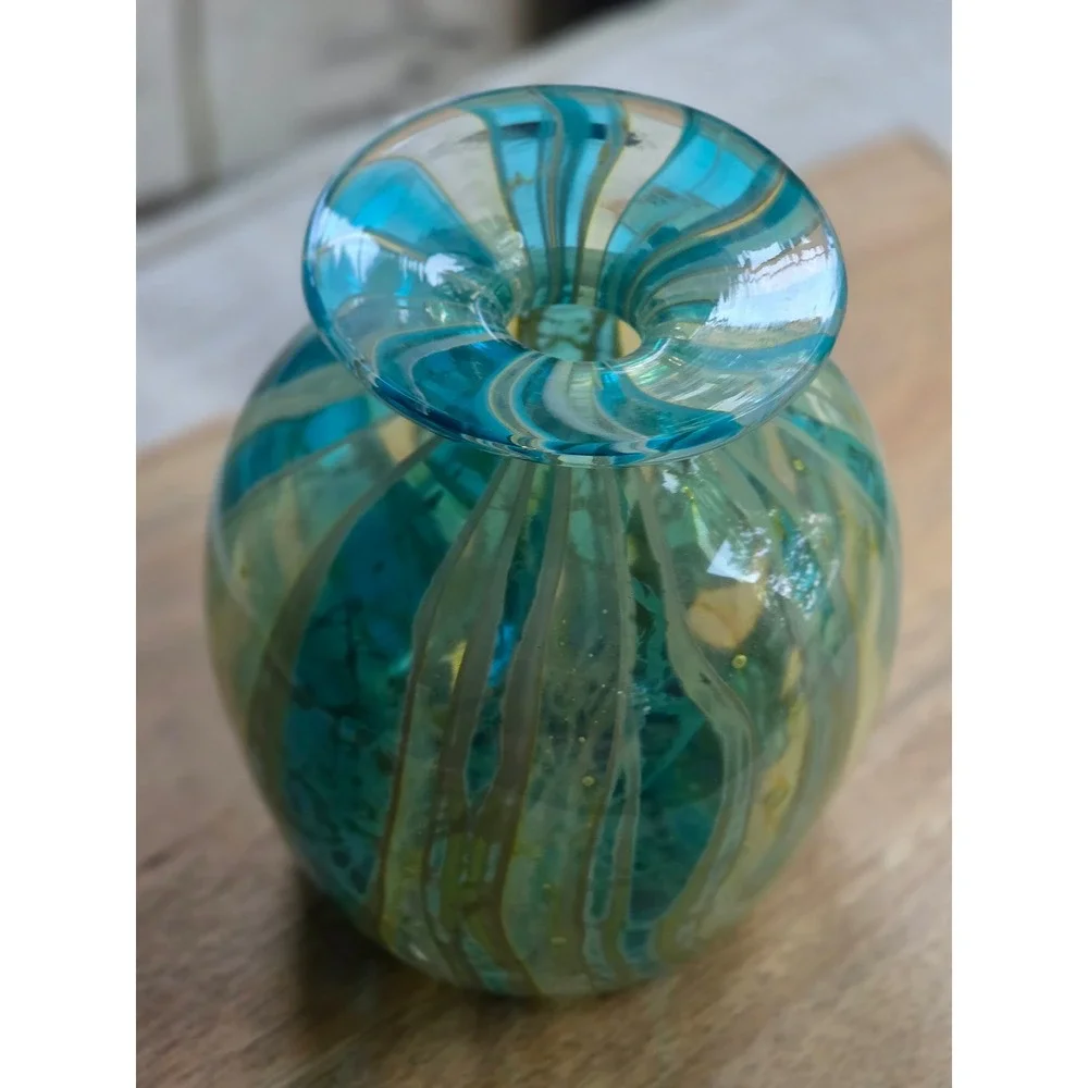 Vintage Mdina Glass Vase 1980s Malta Crysal Blue Stripe Art Glass
